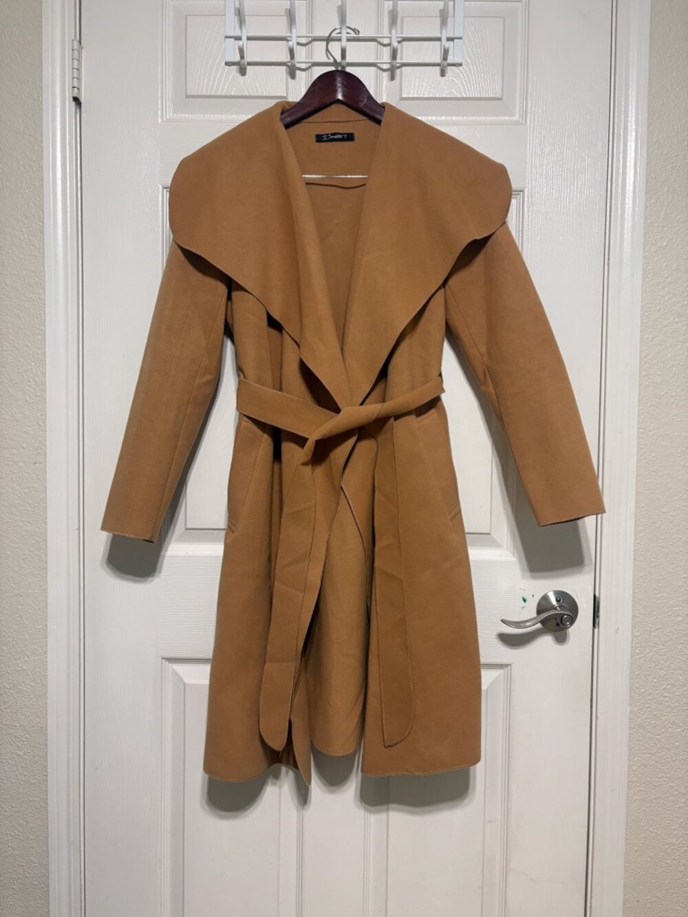 Camel Brown Belted Waterfall Coat, Simplee Size L - Picture 2 of 8